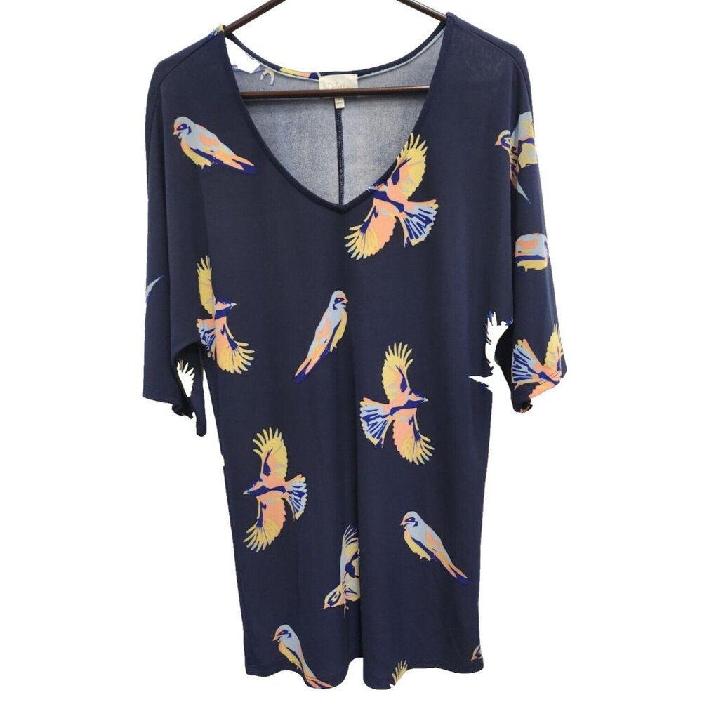 Anthropologie Deletta Tunic Top Small Navy Bird‎ Print Short Sleeve BOHO Casual